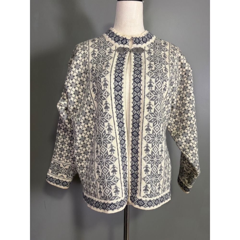 Vintage 90s Dale of Norway Cardigan Womens M Wool Nordic Fair Isle Snowflake Ski